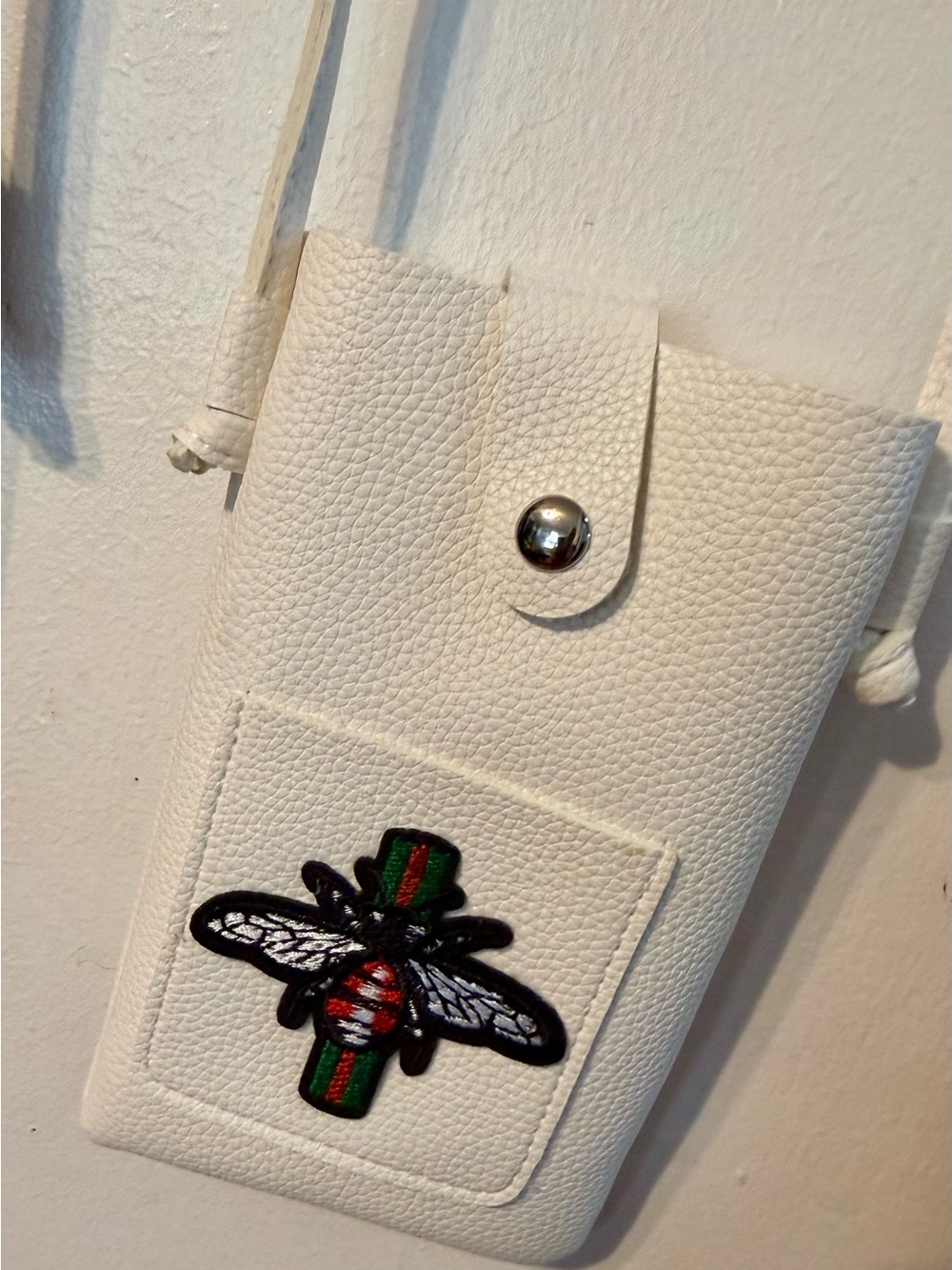 White Leatherette Crossbody Phone Pouch with Bee Patch